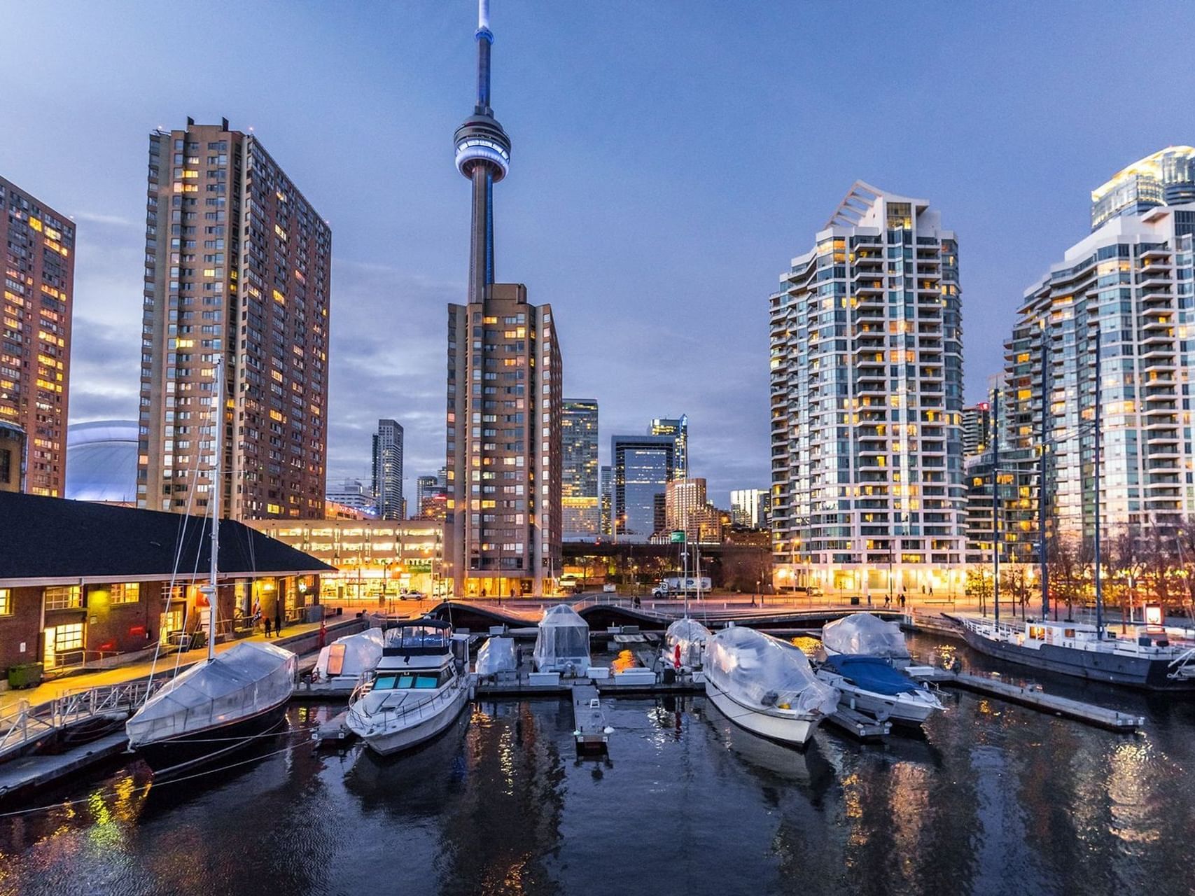 Cityscape seen from a boat harbor near King Blue Hotel Toronto