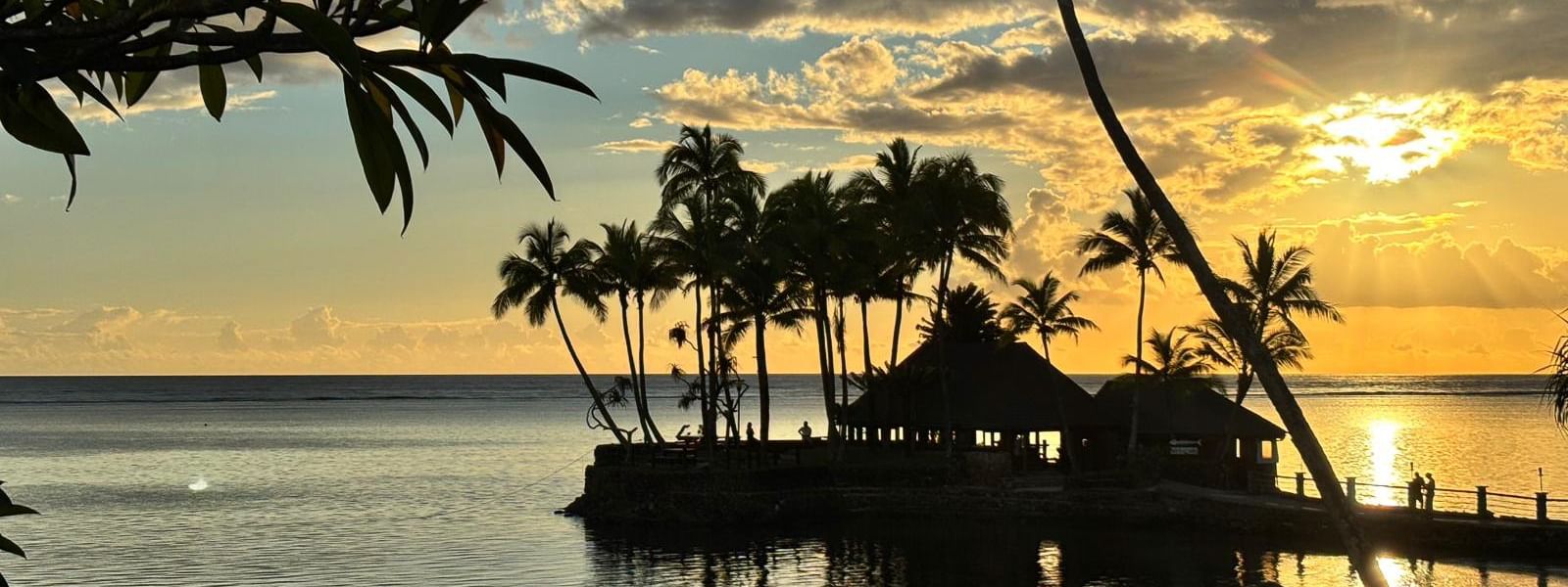 Sunset over ocean view at Wicked Walu restaurant at Warwick Fiji Resort and Spa, Korolevu