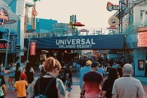 The entrance to Universal City Walk, showing packed crowds. 
