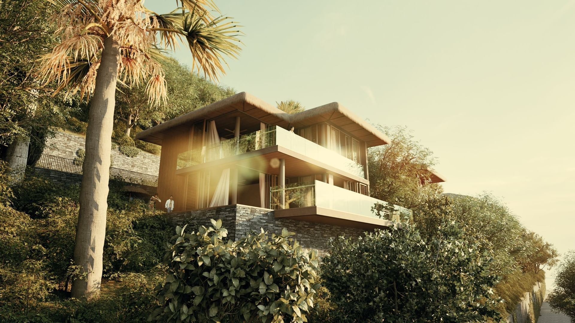 Two-story BlueZone Villas with a private balcony and a stunning view of the surrounding trees at A'ila Villas