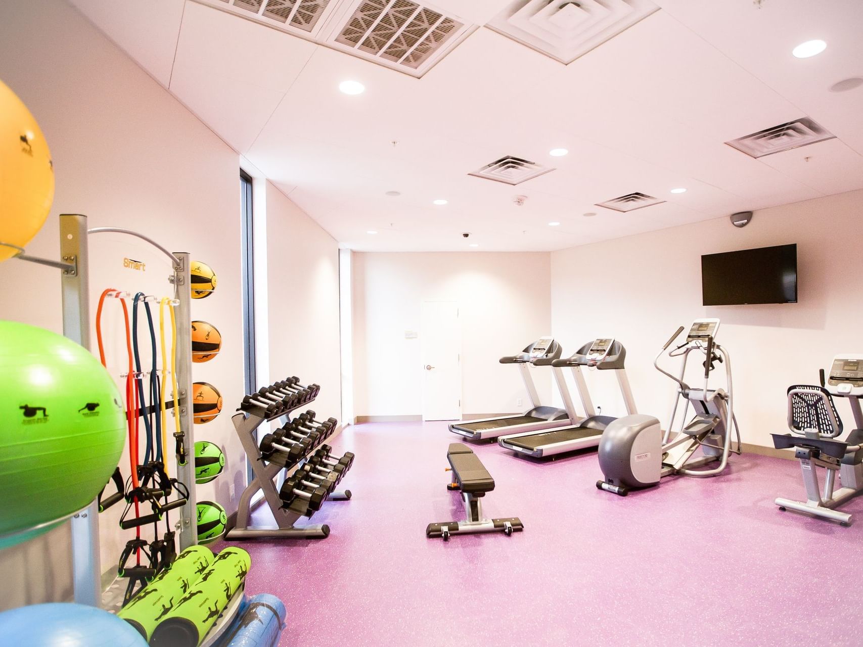 A gym room with treadmills, weights, and a television on the wall at The Fredonia Hotel