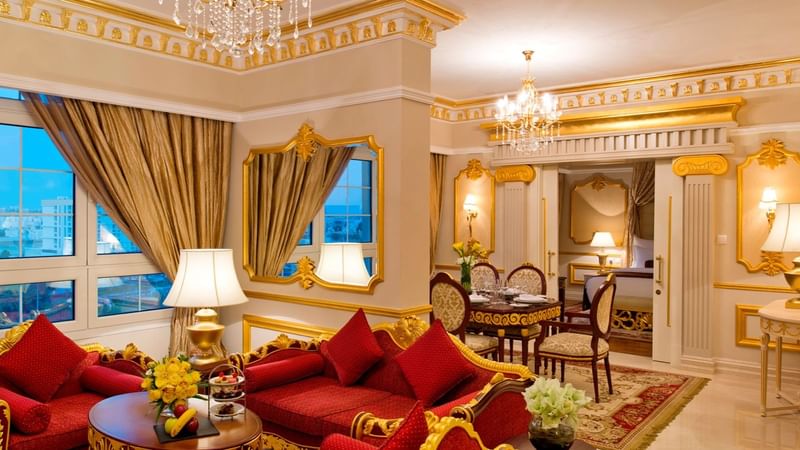 Cozy living room with vintage interior & decor in Royal Suite at Warwick Doha