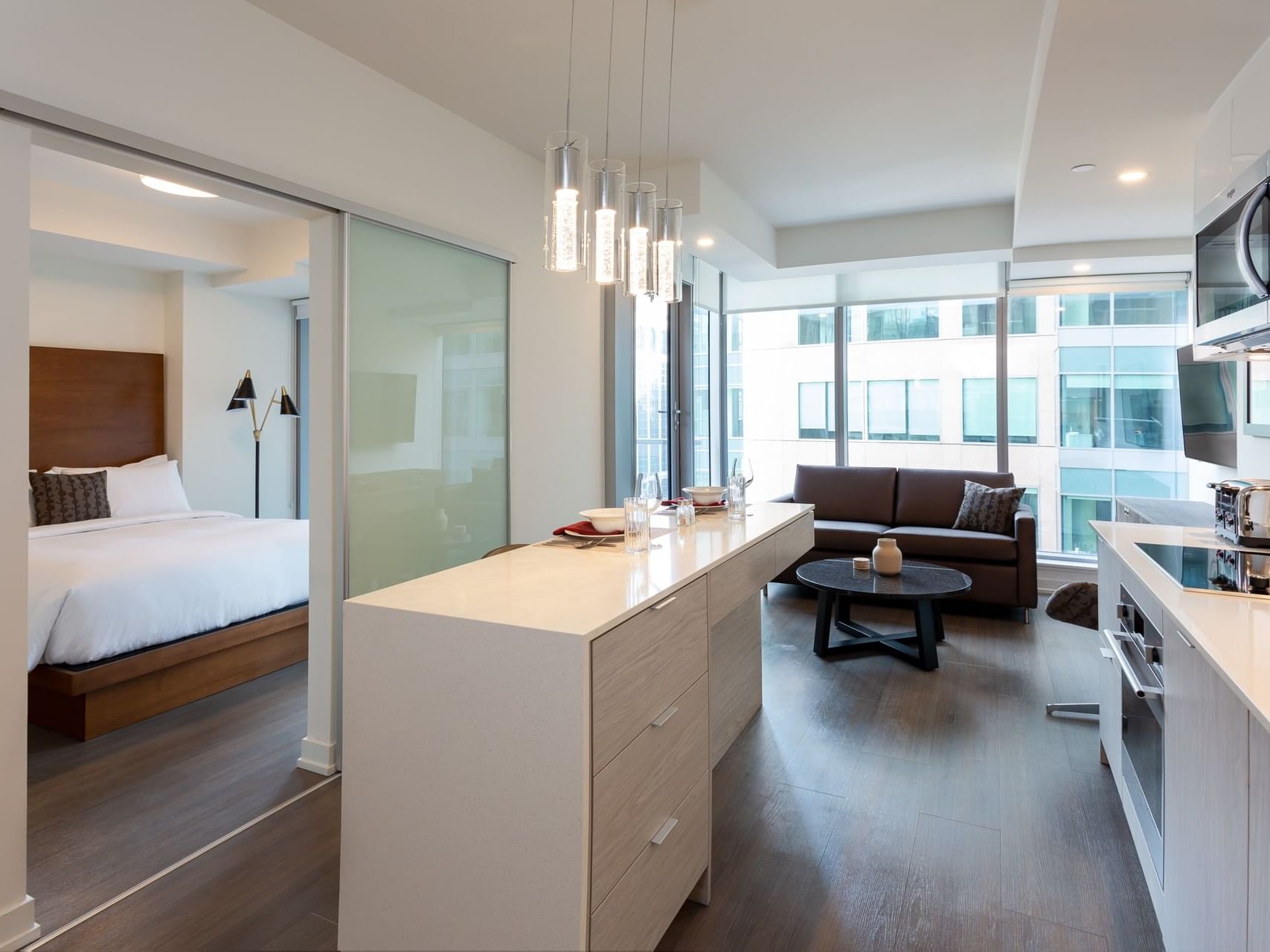 Kitchen & living area in One Bedroom at ReStays Ottawa