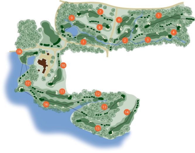 Overhead 18-hole golf course layout map showing fairways and green field at Clemson University Conference Center & Inn
