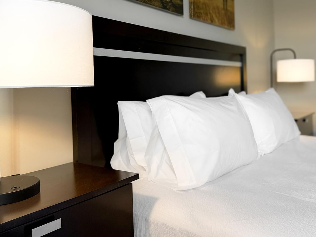A cozy bed with white bedding and a nightstand with a lamp at Coast Innisfail Hotel.
