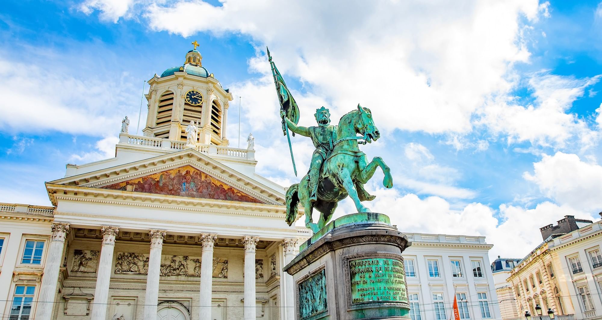 Bronze statue of Godfrey of Bouillon on a horse by the Cathedral of St. Michael near Warwick Grand Place Brussels