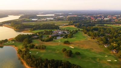 drone view of golf course and lakes