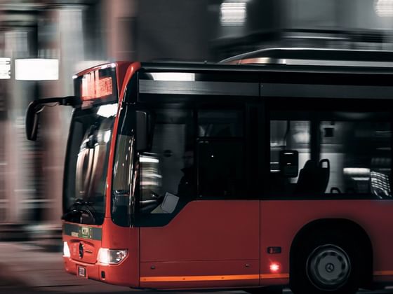 Bus 8 TPF capturing in motion at night, illuminated by streetlights near Hotel des Innovations