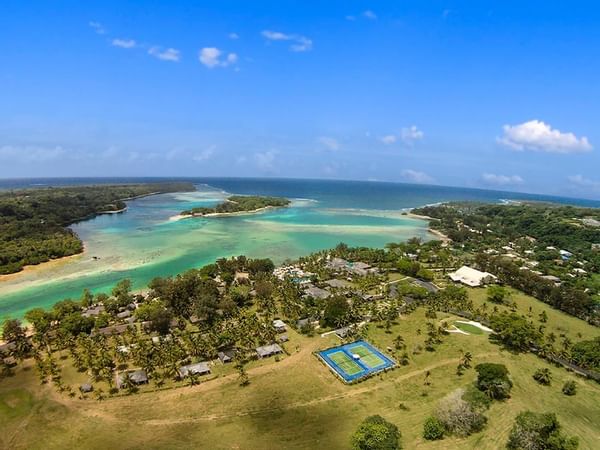 Aerial view of the Warwick Le Lagon Vanuatu with beach