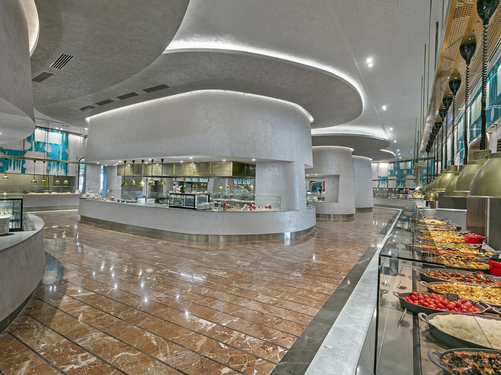Mare Main Restaurant with buffet area & marble-tilled floors at Cullinan Belek