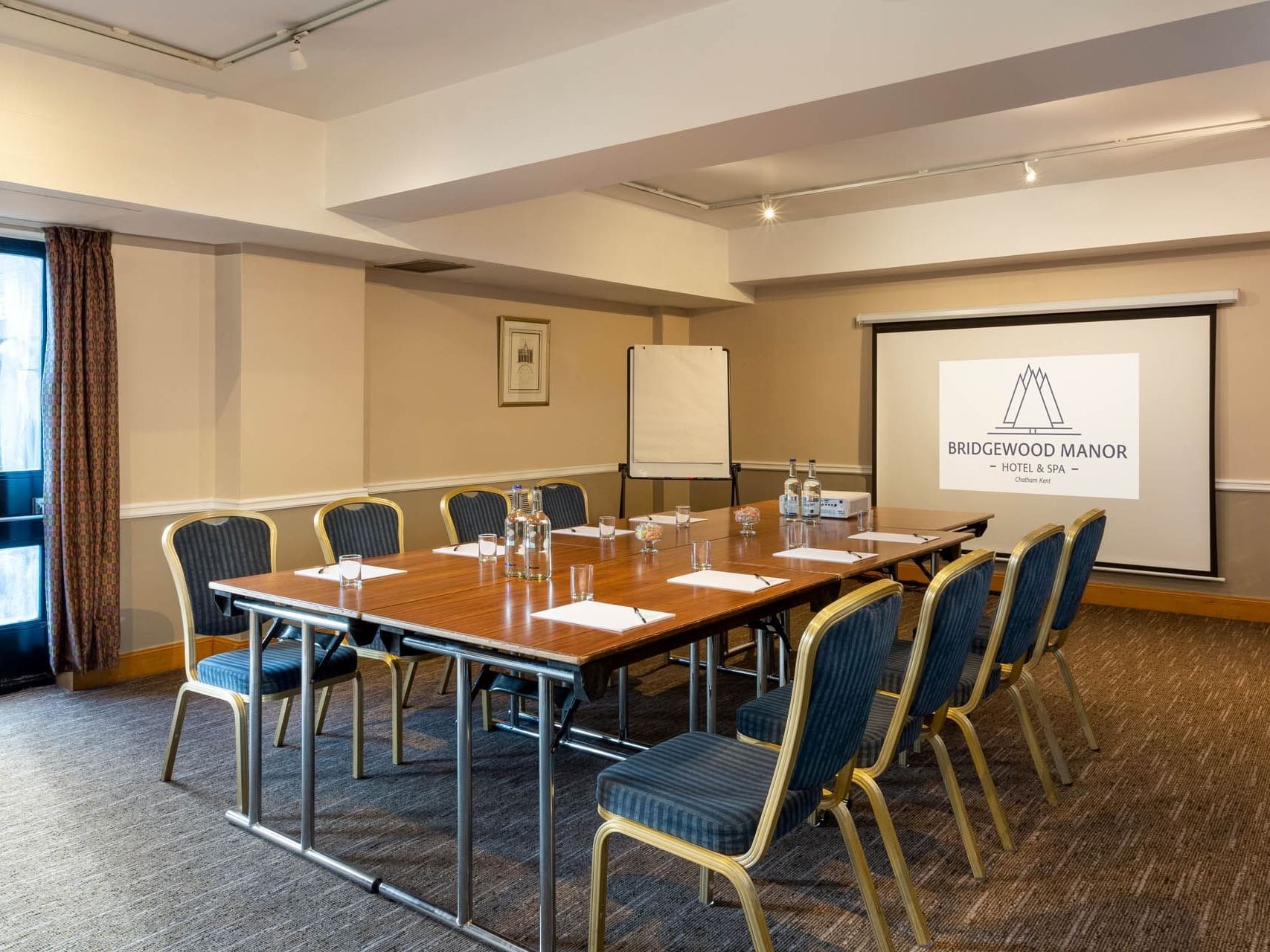 Meeting table set-up in Chatham Suite, Bridgewood Manor Hotel