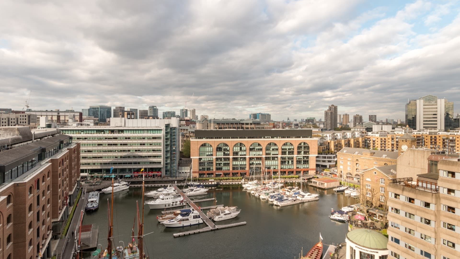 Aerial view of St Katharine Docks Marina near The Tower Hotel