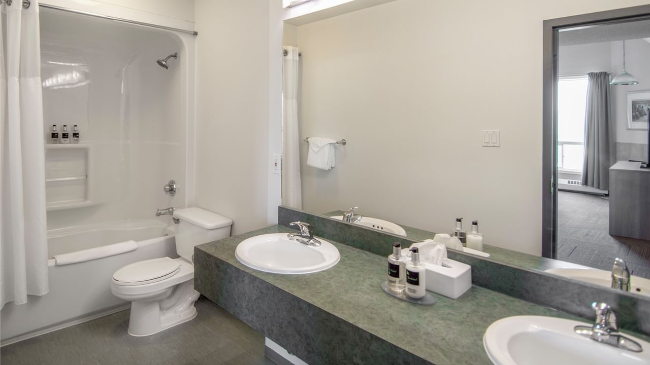 A bathroom with a toilet, bathtub, double sink, and mirror with toiletries on the counter.