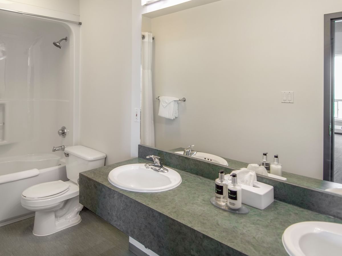 A bathroom with a bathtub, toilet, large vanity with two sinks, and a mirror.
