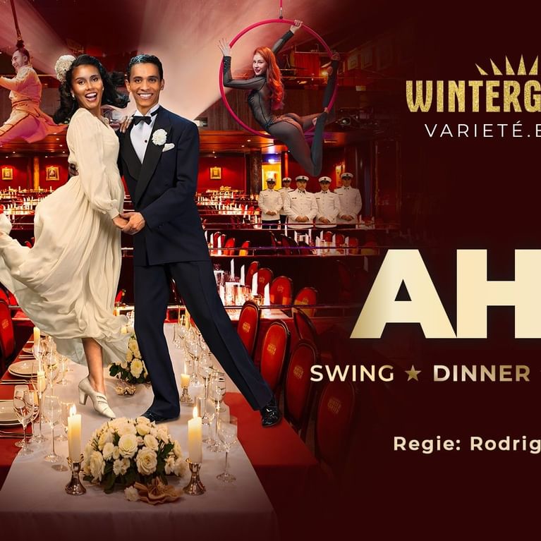 Elegant couple dancing, acrobats, and dinner for Titanic meets Wintergarten Show AHOI.