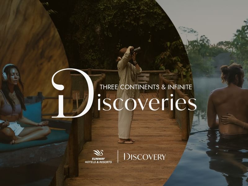 The Banjaran Hotsprings Retreat promotional image showing three scenes of relaxation and wellness experiences with text reading Three Continents & Infinite Discoveries.