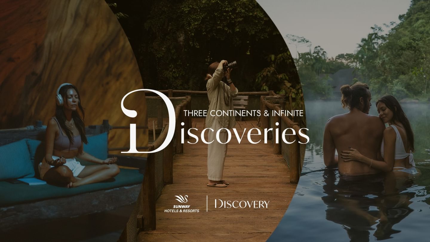 The Banjaran Hotsprings Retreat promotional image showing three scenes of relaxation and wellness experiences with text reading Three Continents & Infinite Discoveries.