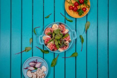 Close-up of a Tomato Caprese dish served at Amsterdam Manor