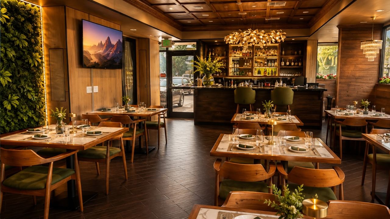 Arya restaurant interior with wooden tables, green accents, and warm lighting at Coast Burbank Hotel in Burbank
