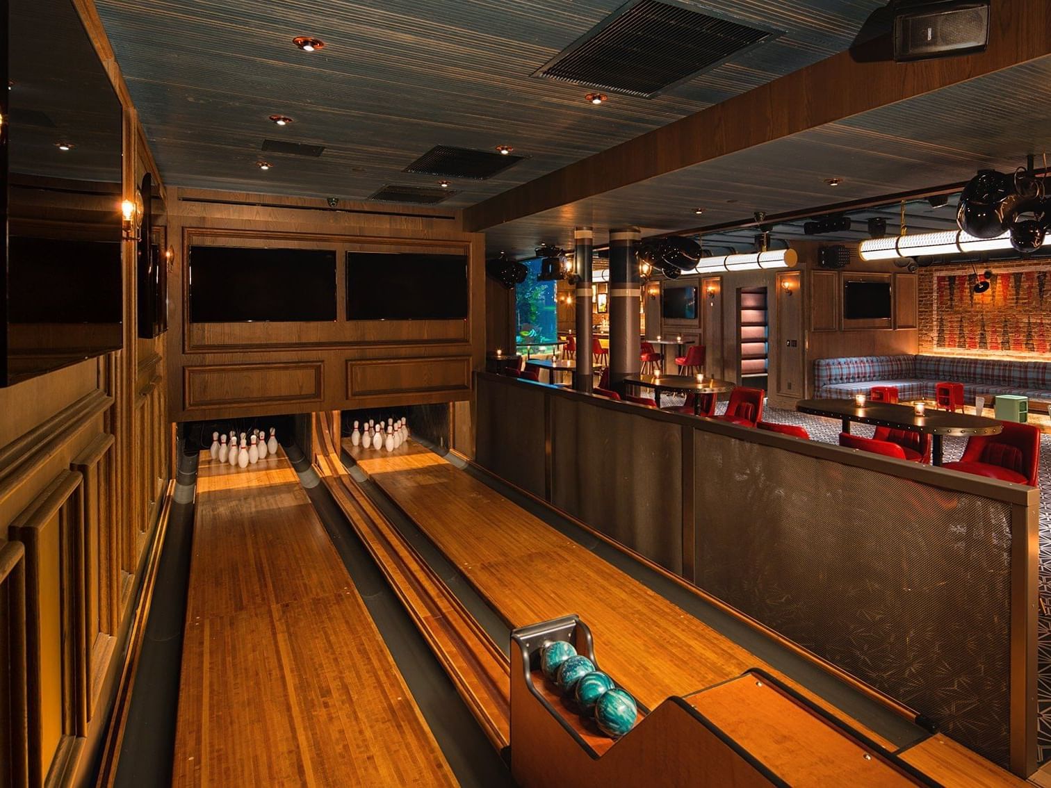 2 bowling alleys in the Fishbowl Lounge at Dream Midtown NYC