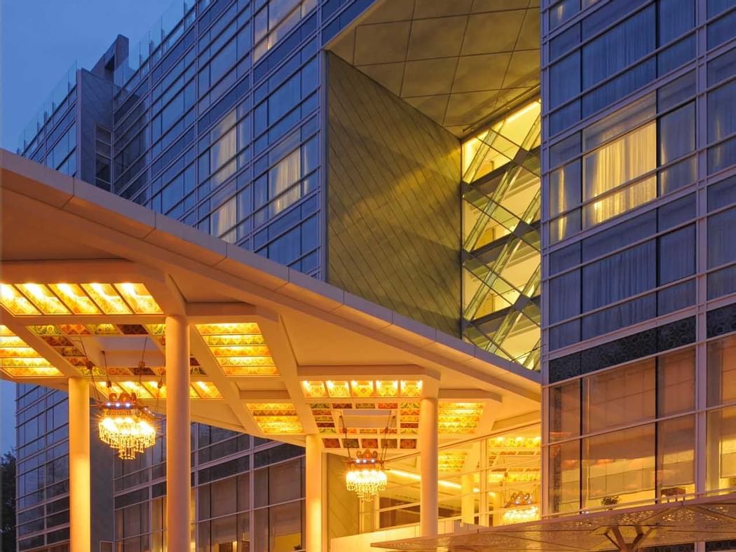 Evening exterior view of the Dushanbe Serena Hotel