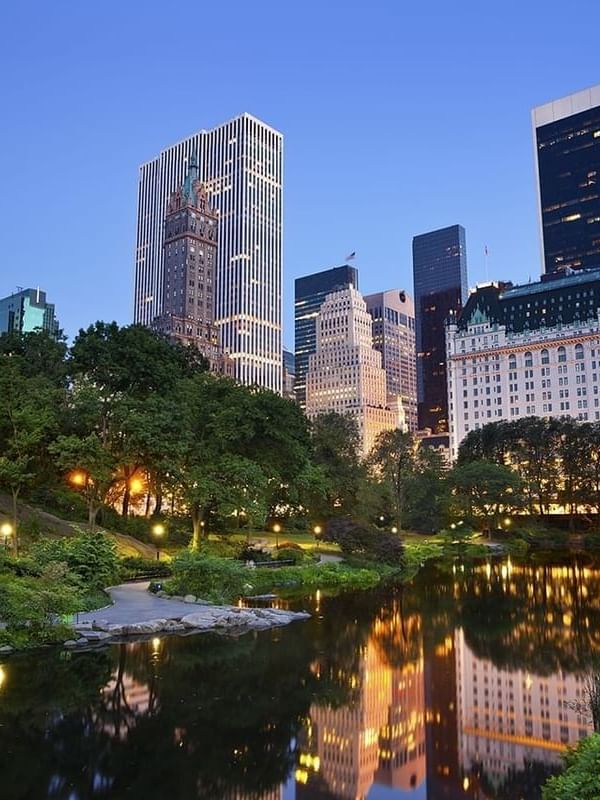 City lights reflect on the river at night in Central Park near Warwick New York