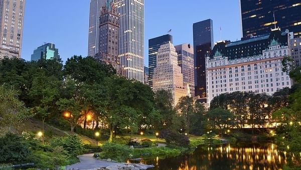 City lights reflect on the river at night in Central Park near Warwick New York