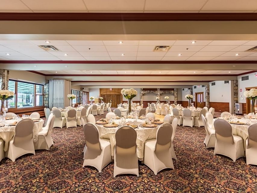 A Banquet table setup in Grand Salon at Hotel Mont Gabriel