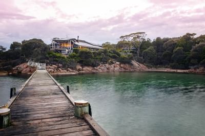 Landscape view of Jetty with the Great Oyster Bay at Freycinet Lodge