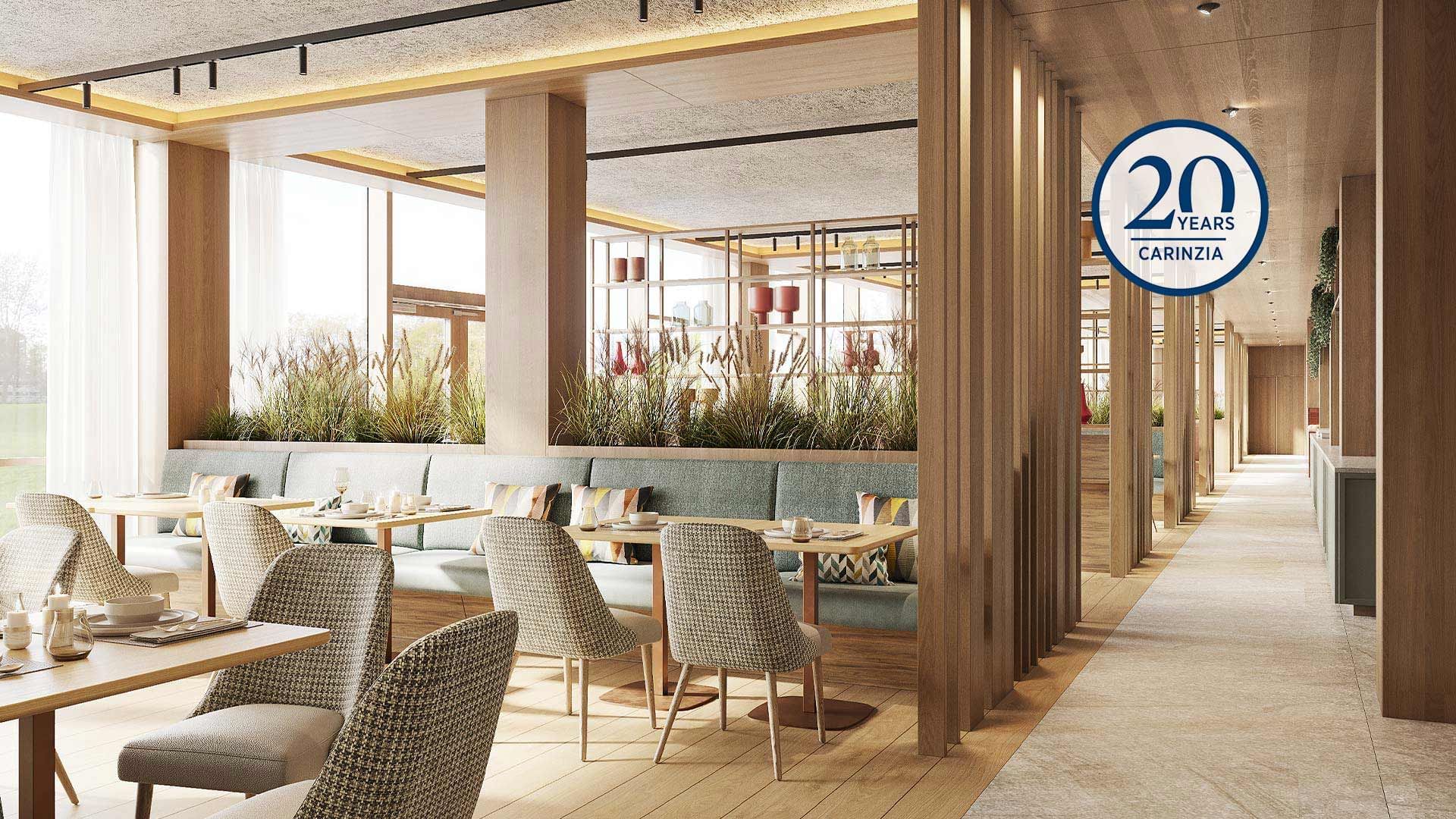 Ristorante elegante con tavoli e sedie, pareti in legno, piante, e logo 