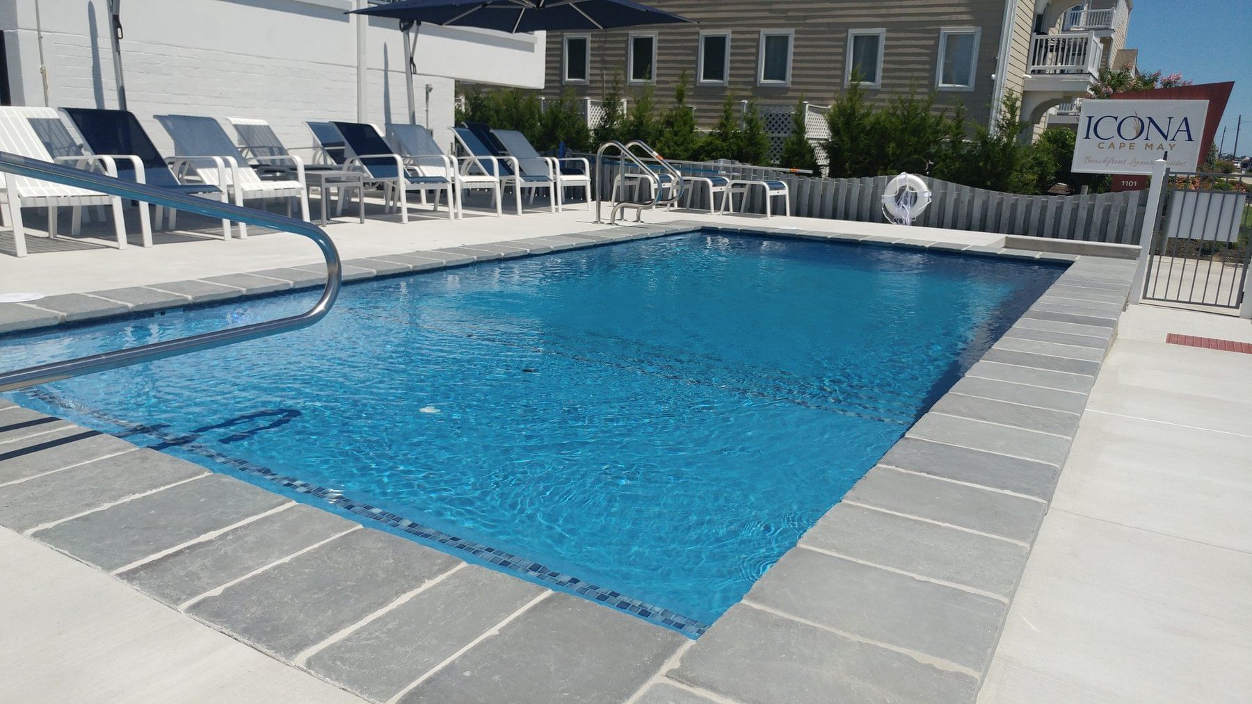 View of the outdoor pool area at our hotel near Cape May
