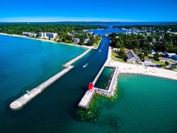 Aerial view of Charlevoix South Pier Light Station by Lake Michigan near The Earl