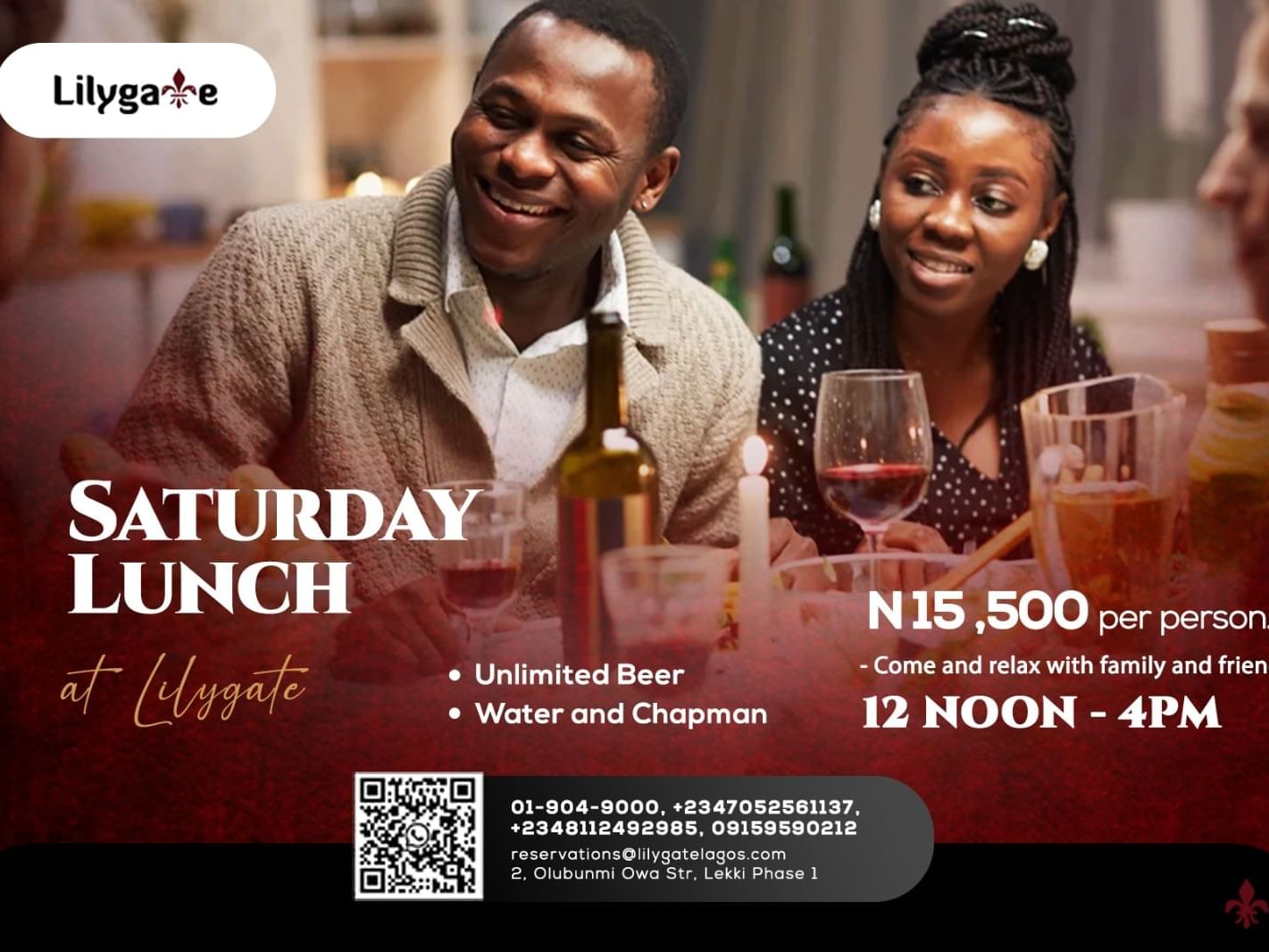 Saturday Lunch with Unlimited buffet, beer, water and Chapman, at 15,500 per person 12noon - 4pm