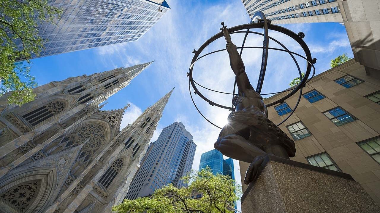 Low-angle view of the Atlas statue at Rockefeller Center with St. Patrick's Cathedral near Warwick New York 