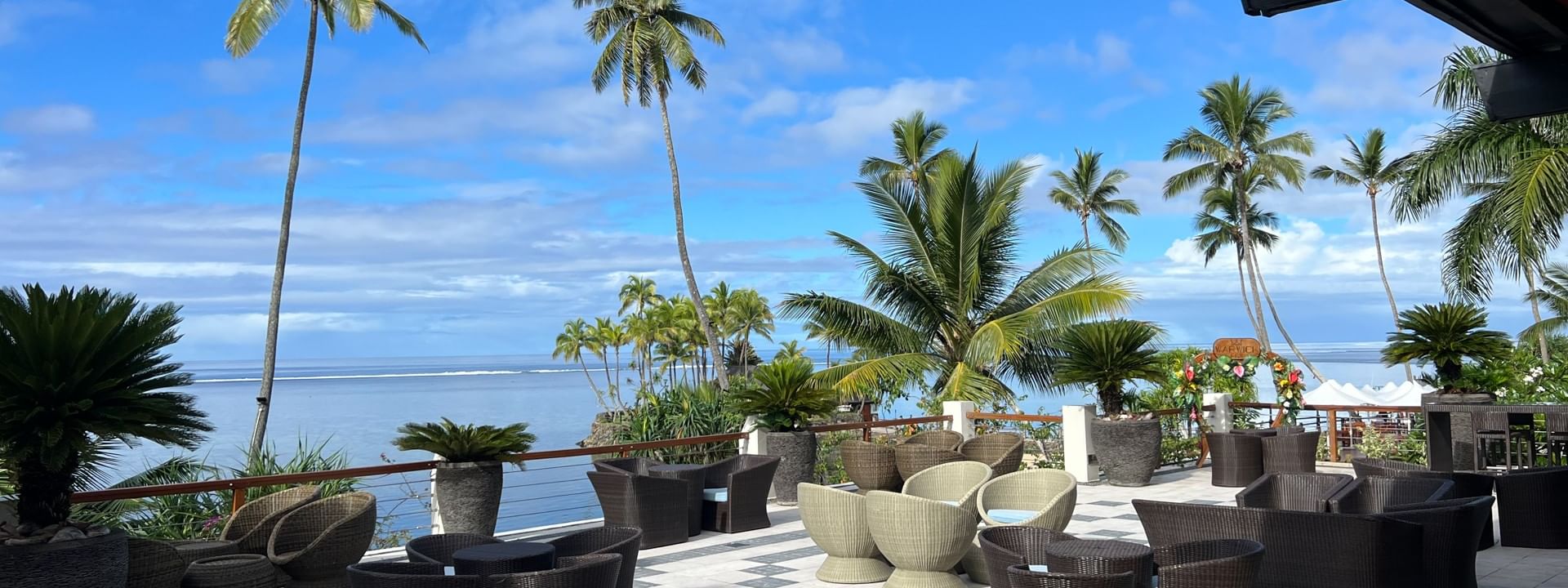 Sunset Terrace Bar at Warwick Fiji Resort and Spa, Korolevu, with ocean view and tropical decor
