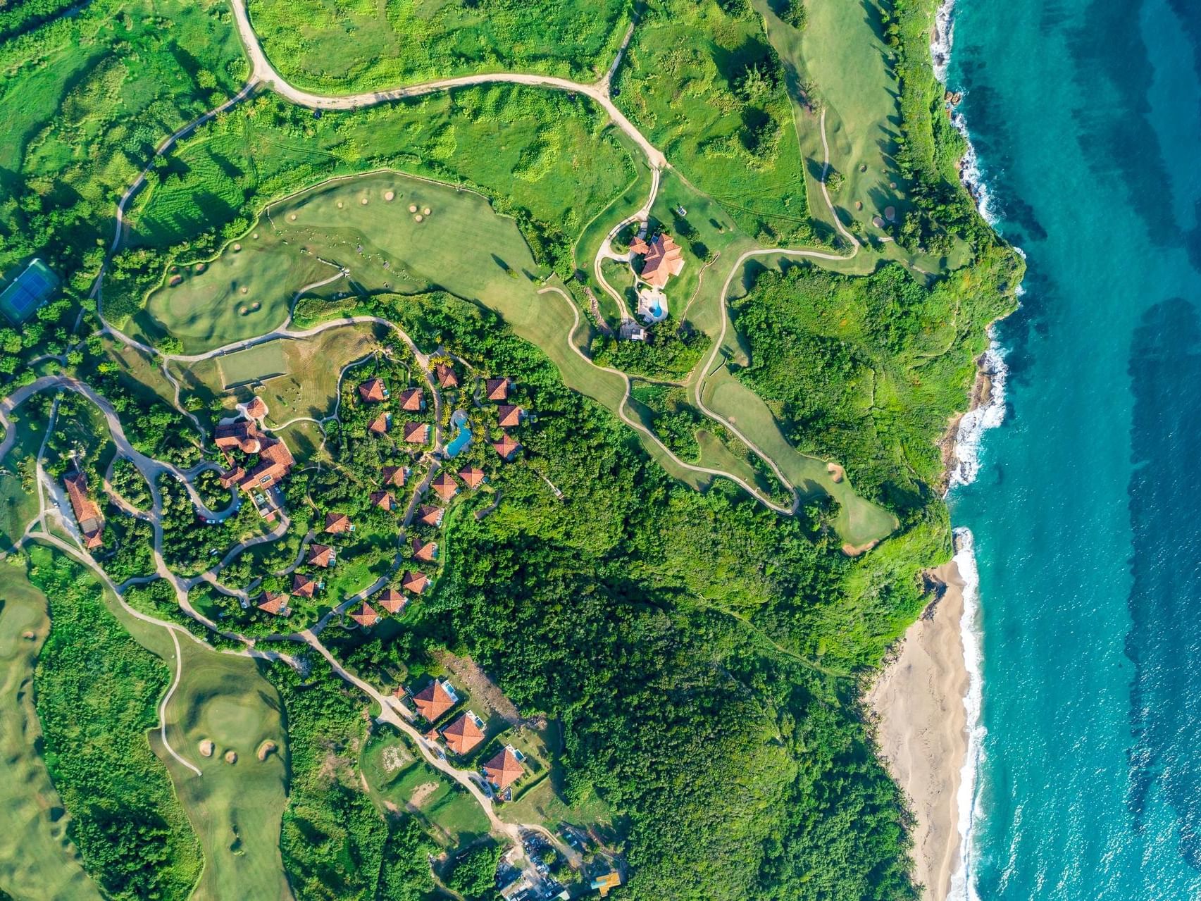 drone shot of Royal Isabela casitas and property on the coastline