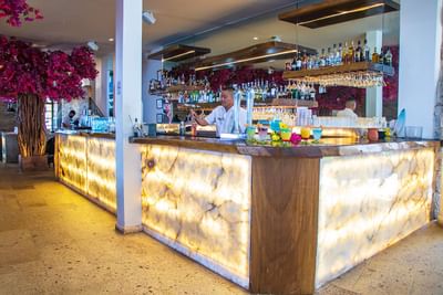 Modern hotel bar with backlit marble counter, wooden shelving, colorful cocktails, and pink floral decor at Playa Los Arcos Puerto Vallarta 2023