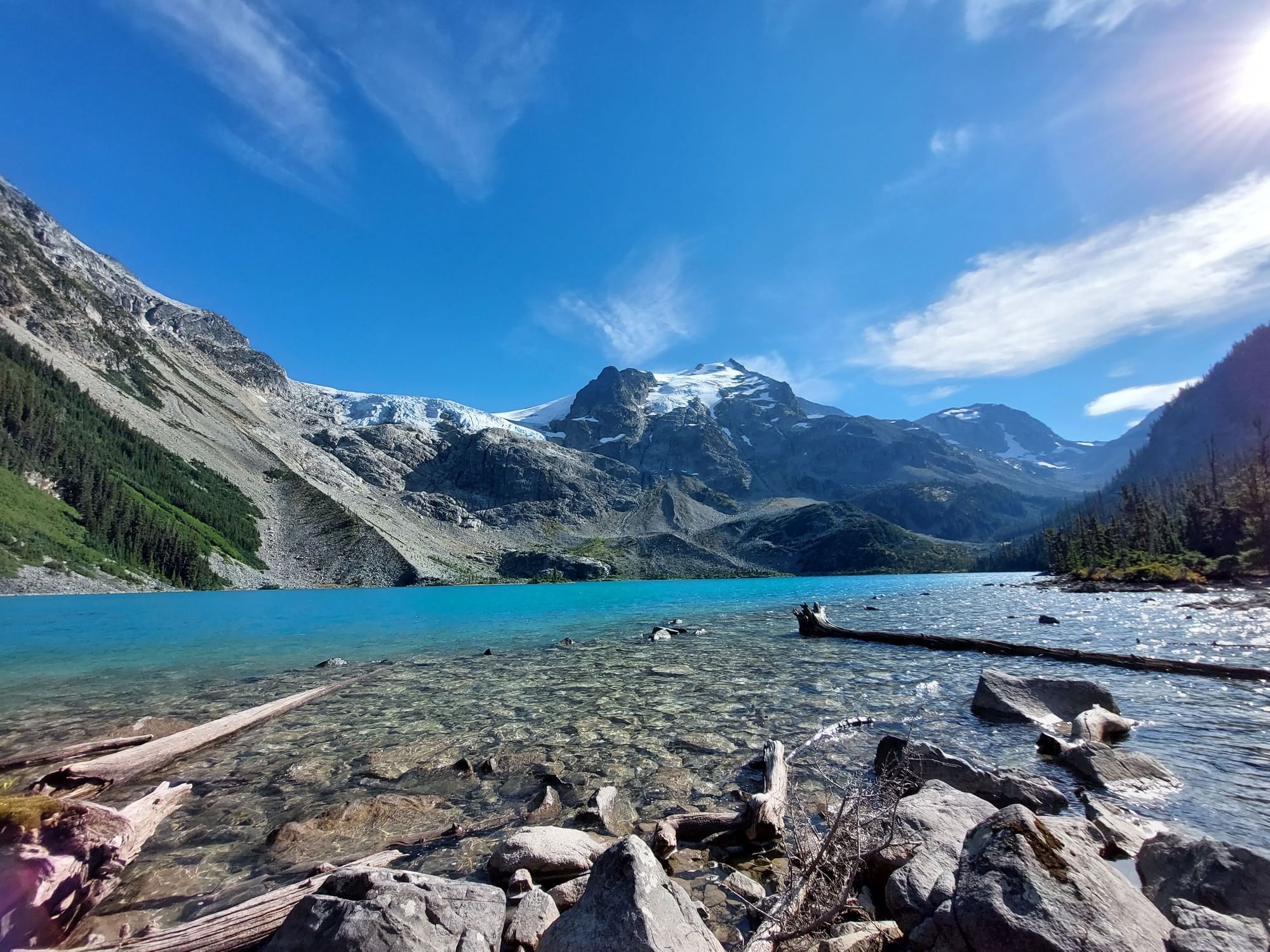 Panoramic view of Joffre Lakes Park surrounded by lush greenery near Blackcomb Springs Suites