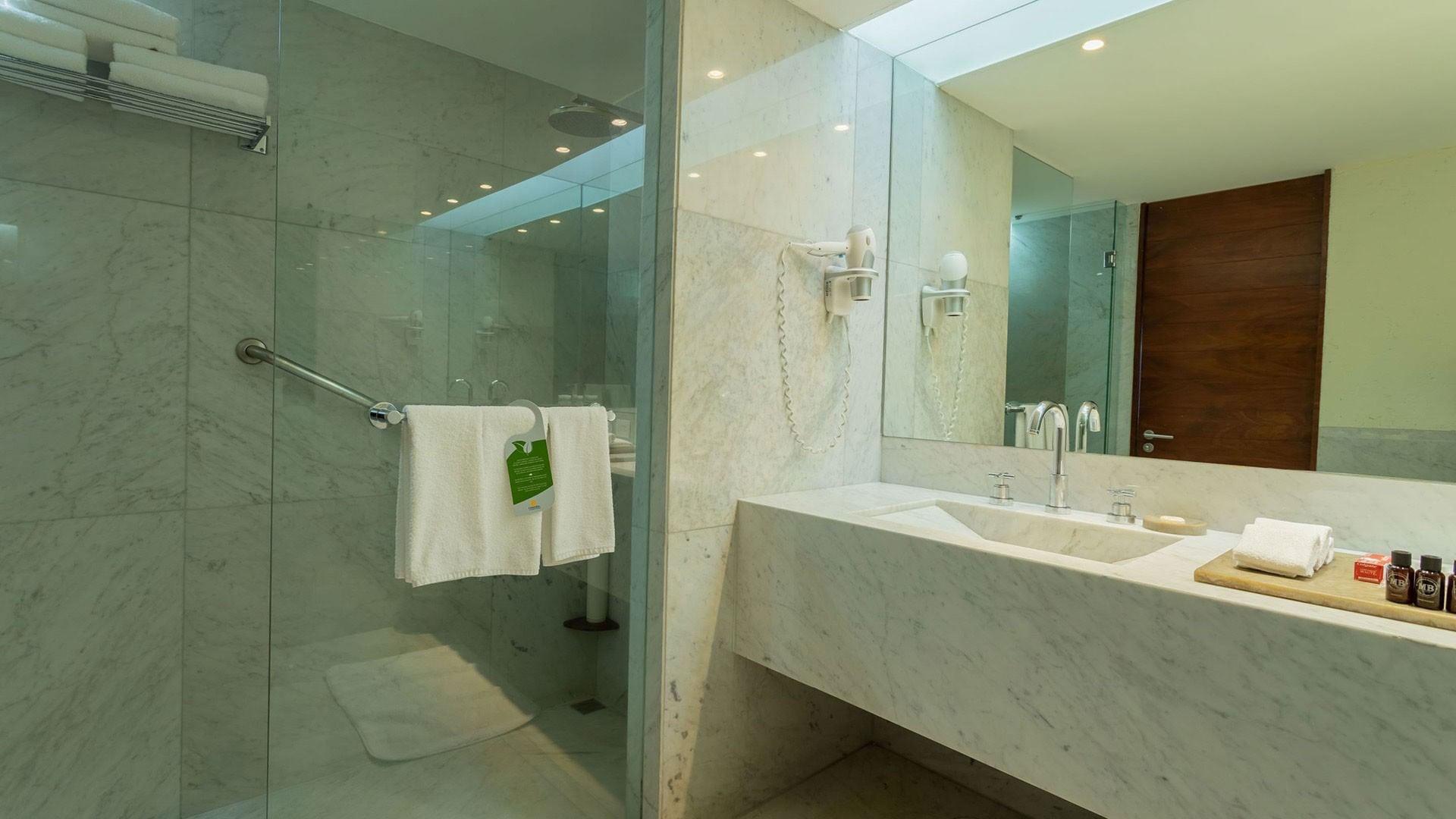 King Viceroys Suite shower featuring marble tile walls and a modern glass-enclosed design at Camino Real Polanco Mexico