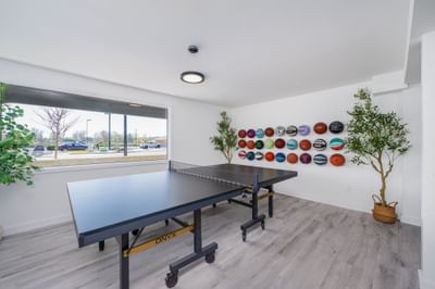 Professional ping pong table near a large window in the Centralia game room at The Varsity South