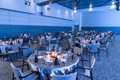 Banquet-style dining set-up in Arthrex One at Innovation Hotel