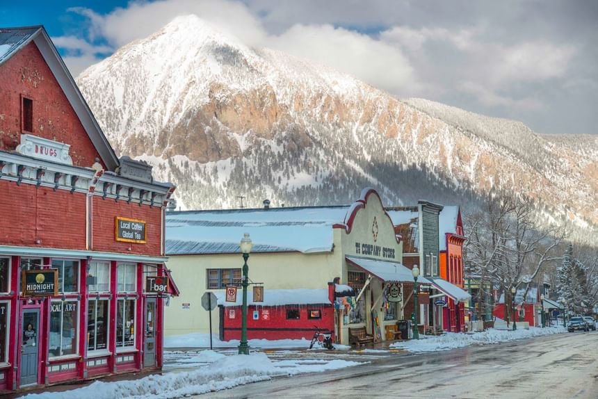 A snowy street in Crested Butte, Colorado, near the Elevation slop-side Hotel and Resort.