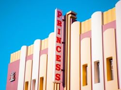 Princess Theatre sign board with theatre exterior near Hotel Grand Chancellor Launceston