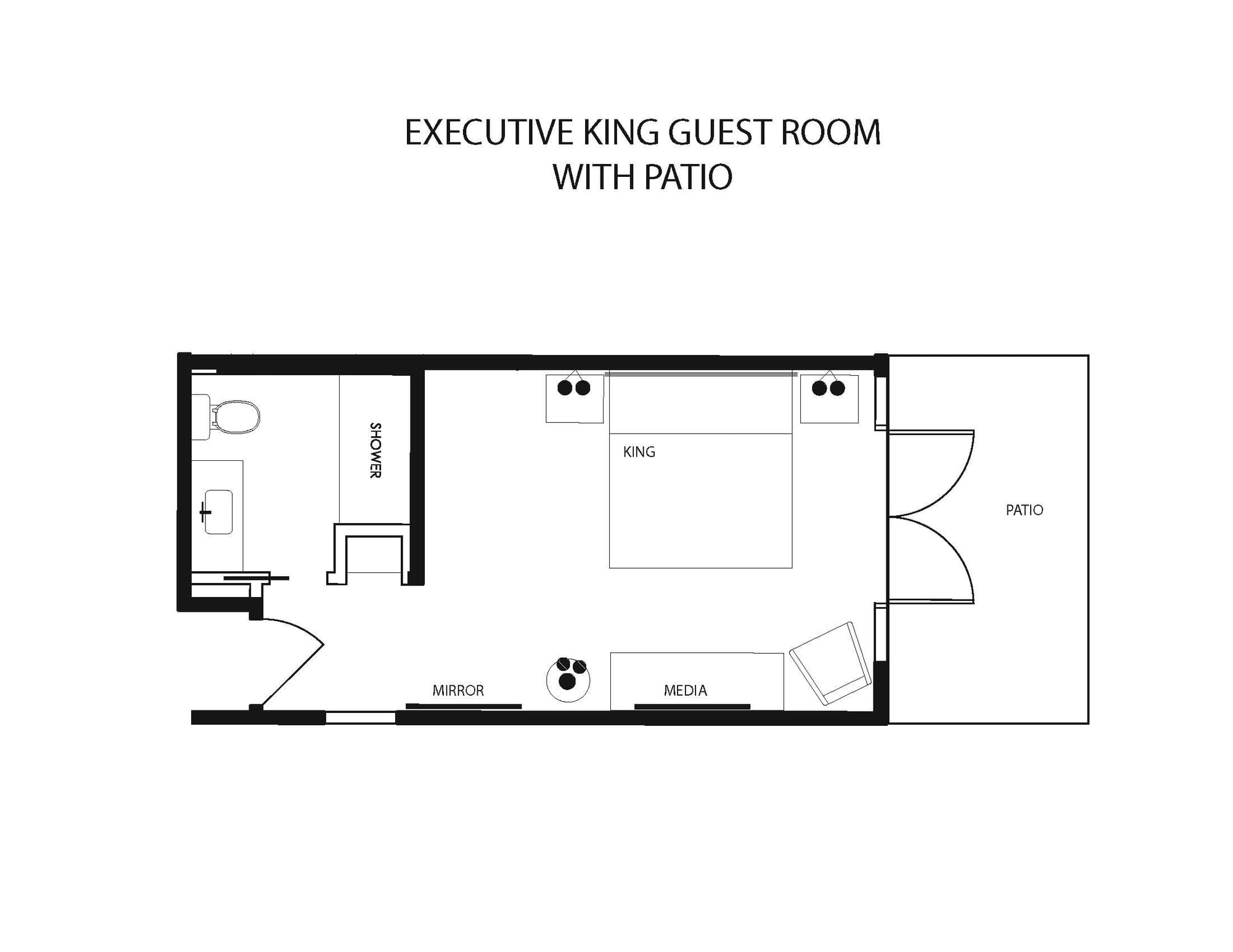 a floor plan for an executive king guest room with patio