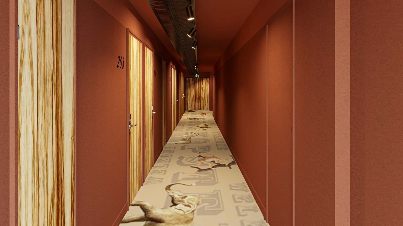 Luxury hallway with an elephant print carpet at Kopster Hotel Paris Porte De Versailles