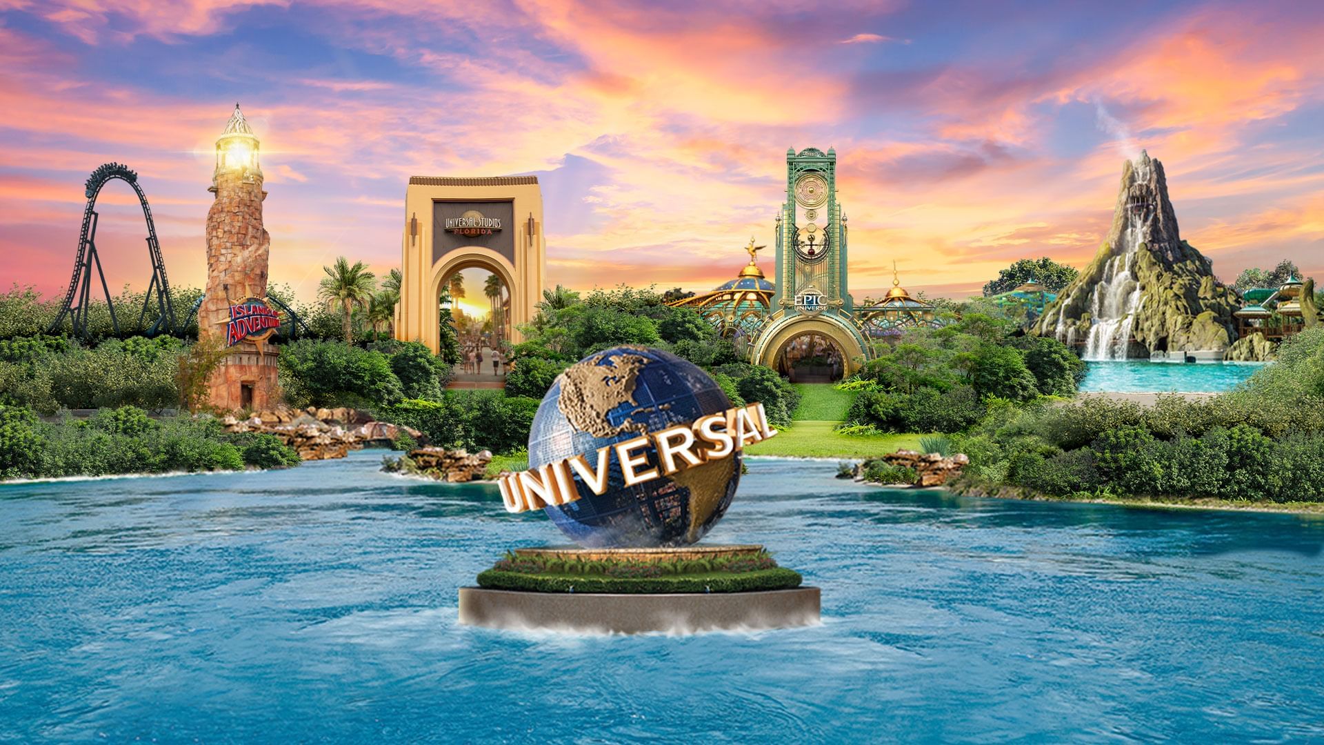 A large globe with the word 'UNIVERSAL' in front of theme park buildings and water