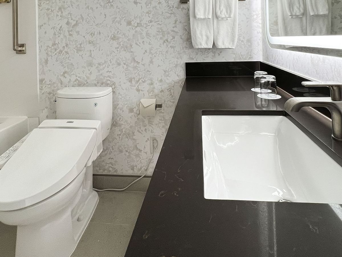Hotel washroom with TOTO washlet, mirror, sink, soap, and bathtub.