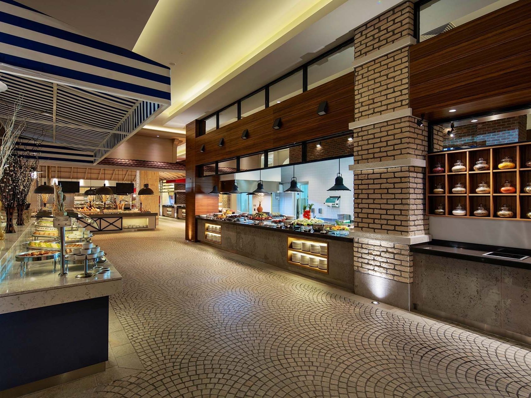 Buffet area with food stations in Main Restaurant at Titanic Deluxe Golf Belek