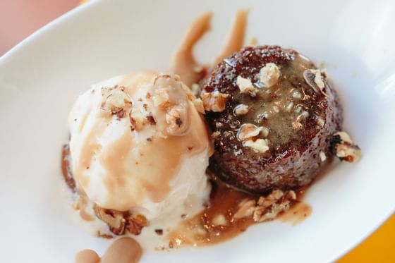 Closeup of served Toffee pudding & ice cream at Exeter Inn