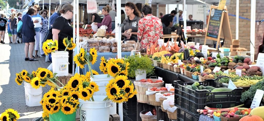 local farmers market selling flowers and fruits